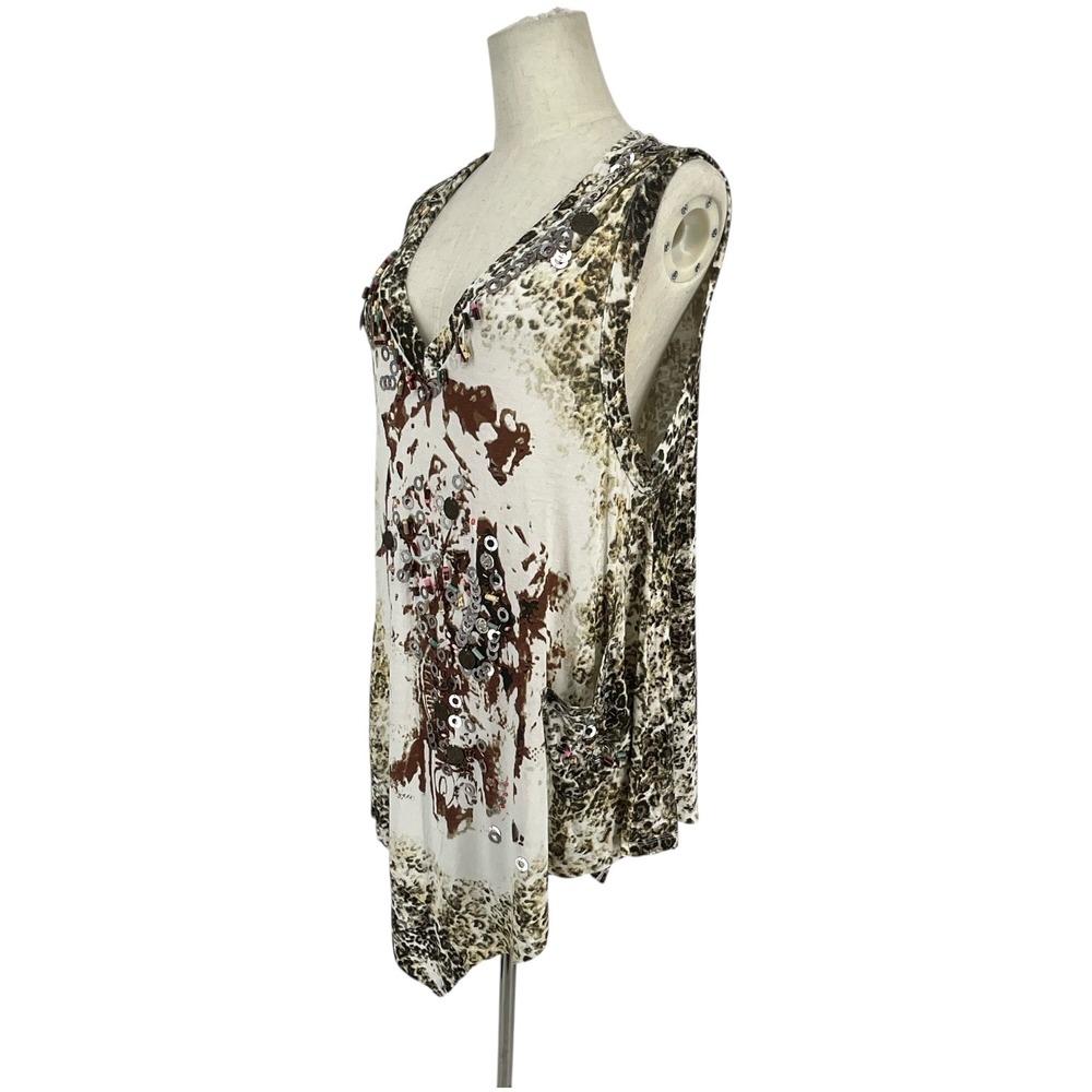 ALBERTO MAKALI Sleeveless V Neck Asymmetrical‎ Embellished Leopard Tunic Top XL - Picture 4 of 11